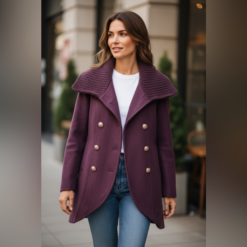 Kenneth Cole New York Wool Blend Peacoat Size 8 Plum Purple Knit Collar Jacket - Picture 2 of 7